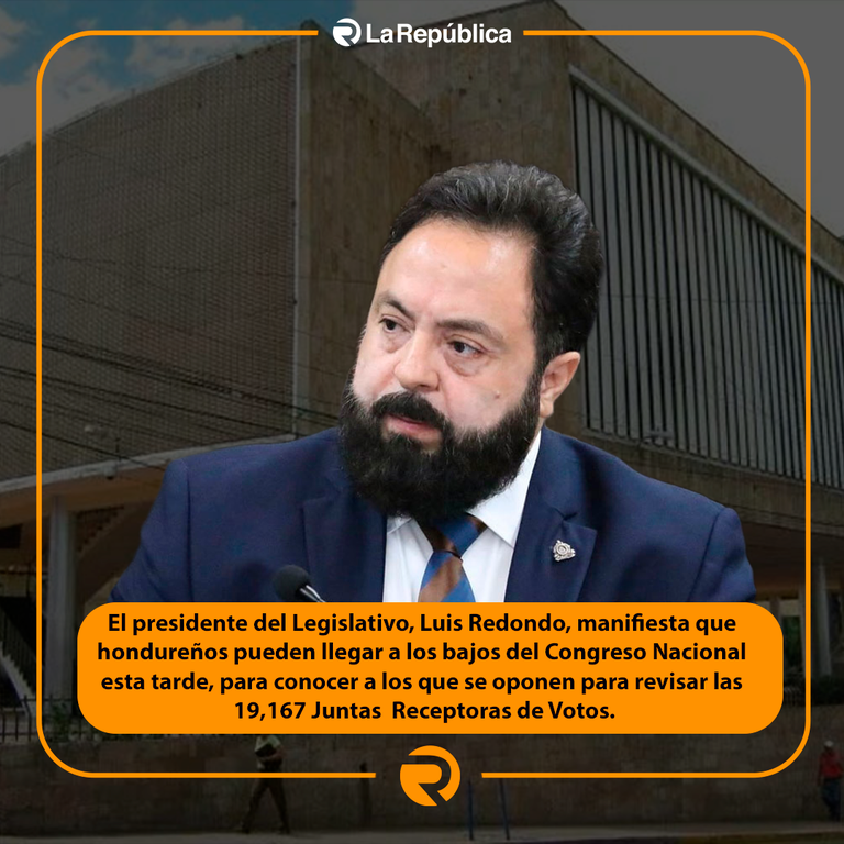El presidente del Legislativo, Luis Redondo, manifiesta que hondureños pueden llegar a los bajos del Congreso Nacional esta tarde, para cono - Cover Image